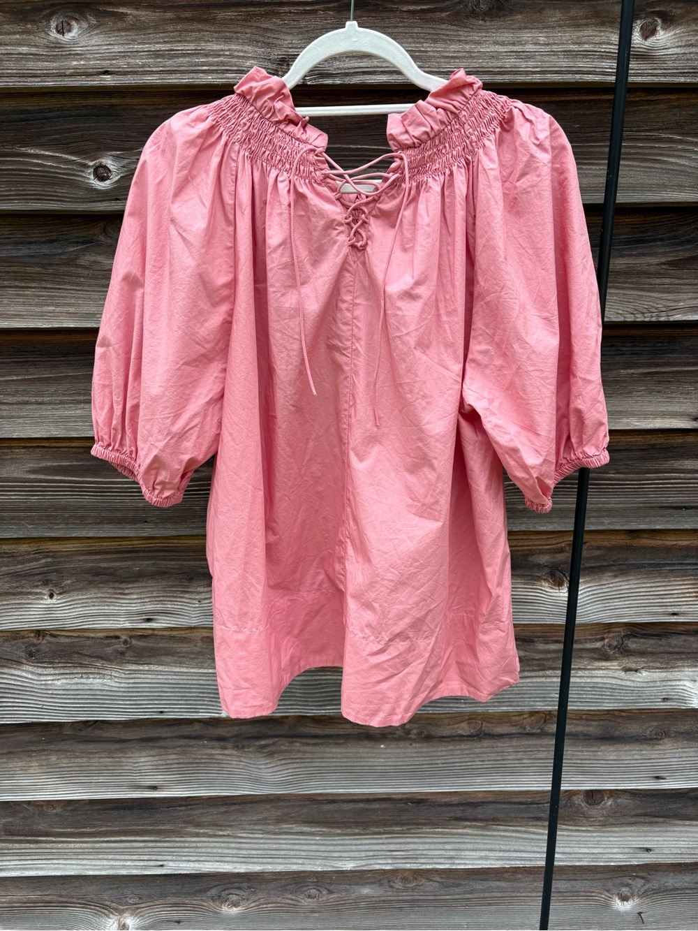 J. Crew Coral Pink Ruffled Smocked Neck Blouse - Picture 2 of 3